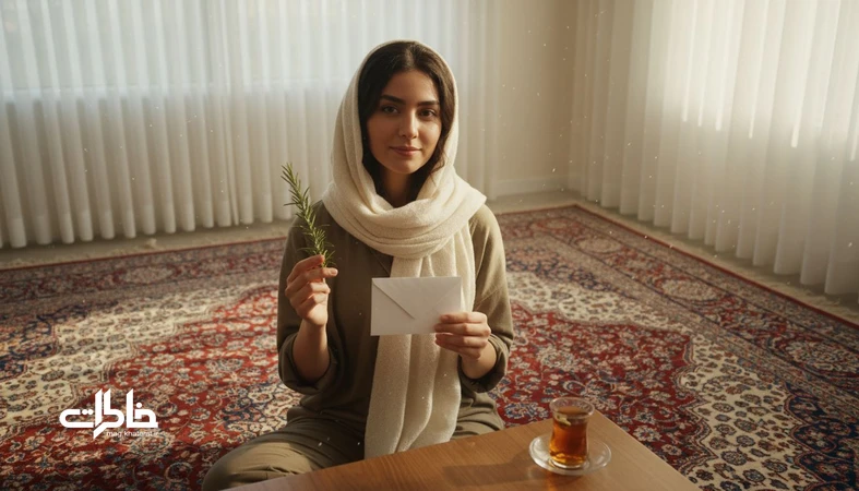 تصویر سینمایی از خانه ایرانی با نور نرم عصر، چای و پاکت یادگاری؛ فضایی آرام و خاطره انگیز برای روایت یک اسم دخترانه طبیعت محور