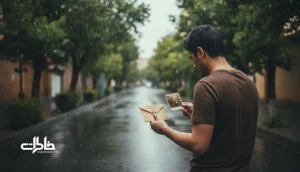 تصویر سینمایی از کوچه‌ای ایرانی در باران اردیبهشت با حال‌وهوای نوستالژیک برای روایت حس یک اسم طبیعت‌محور