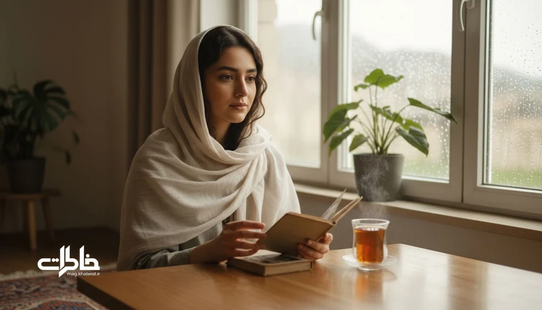 تصویر دختر ایرانی کنار پنجره بارانی با آلبوم عکس و چای؛ روایت لطیف و احساسی از یک اسم دخترانه خاطره‌انگیز