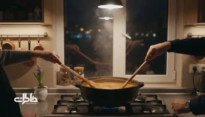 پختن سمنو در خانه با دیگ بزرگ و بخار شیرین، دست‌هایی که با کفگیر سمنو را هم می‌زنند و فضای آیینی نوروز را می‌سازند