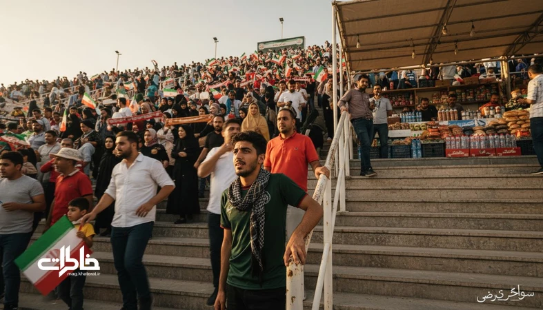 هواداران در حال بالا رفتن از پله‌های استادیوم و نفس‌نفس زدن قبل از سوت شروع بازی فوتبال در ایران
