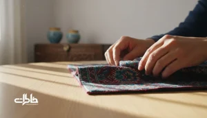 نمای نزدیک از تا زدن ترمه با دست های ایرانی و چین پارچه زیر نور صبح، نمادی از زمان تاخورده و خاطره در خانه ایرانی