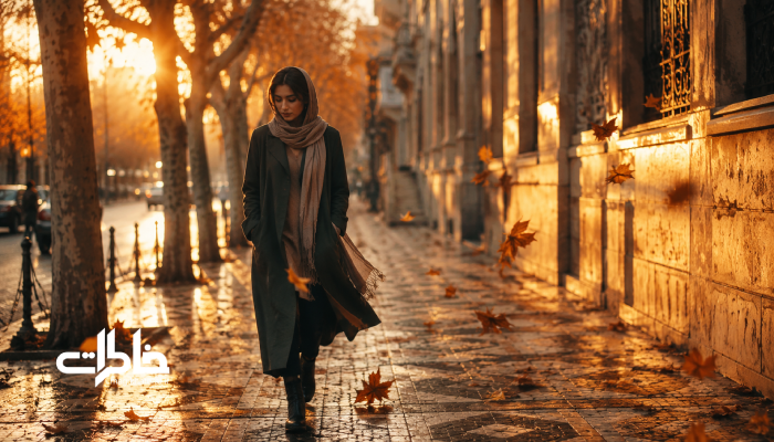 سمانه دختری ایرانی در حال قدم‌زدن در پیاده‌روی پاییزی زیر نور طلایی عصر، میان برگ‌های چنار و فضای آرام و نوستالژیک شهری. مجله خاطرات