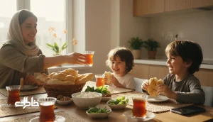 خانواده ایرانی دور میز صبحانه با چای و نان؛ نمونه ای از خاطره های ماندگار خانوادگی با کارهای ساده روزانه