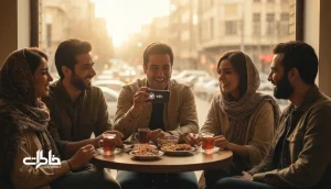 جمعی از دوستان در یک کافه شهری در ایران که با خنده و گفت‌وگو، وقت گذاشتن برای دوستان و ساخت خاطره‌های مشترک را نشان می‌دهد