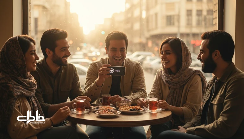 جمعی از دوستان در یک کافه شهری در ایران که با خنده و گفت‌وگو، وقت گذاشتن برای دوستان و ساخت خاطره‌های مشترک را نشان می‌دهد