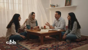خانواده ایرانی در خانه کنار میز چای و دفترچه روتین هفتگی برای ساختن حس صمیمیت و ثبت خاطره