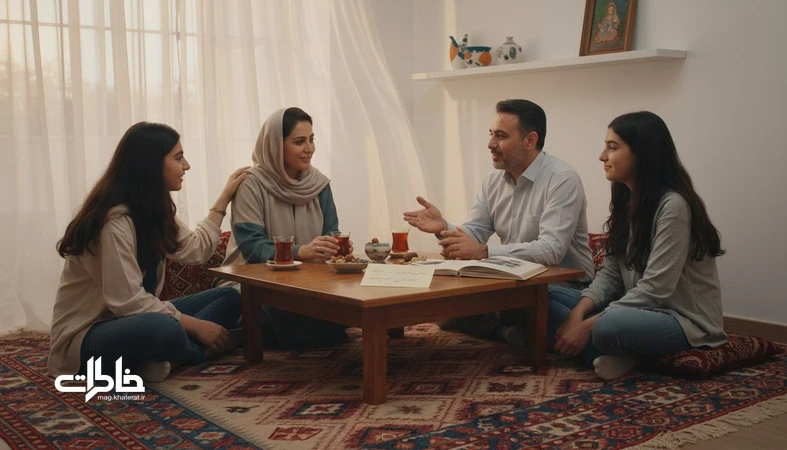 خانواده ایرانی در خانه کنار میز چای و دفترچه روتین هفتگی برای ساختن حس صمیمیت و ثبت خاطره