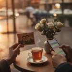 دست‌هایی که یک عکس قدیمی و گوشی با چت‌های گذشته را کنار چای روی میز کافه نگه داشته‌اند؛ نمادی از ماندگاری خاطرات عاشقانه پس از سال‌ها